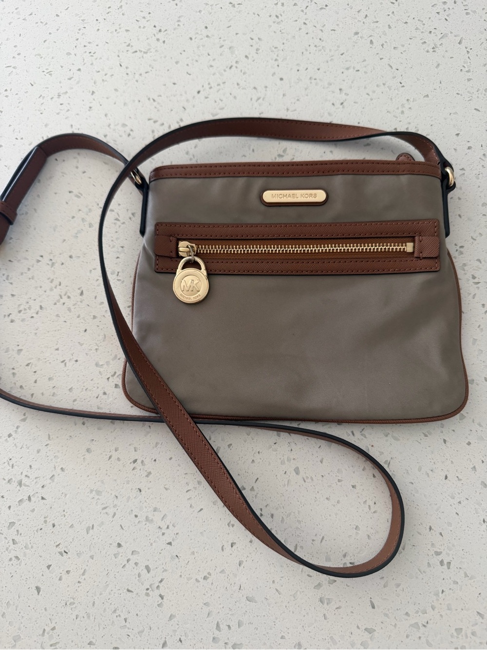 Michael Kors Taupe Nylon Crossbody Brown Saffiano Trim Gold MK Lock Charm